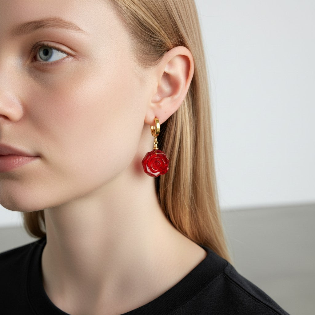Gold Plated Red Rose Amber Drop Earrings