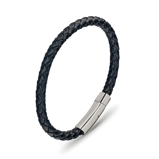 BLAZE Black Leather Stainless Steel Braided Bracelet
