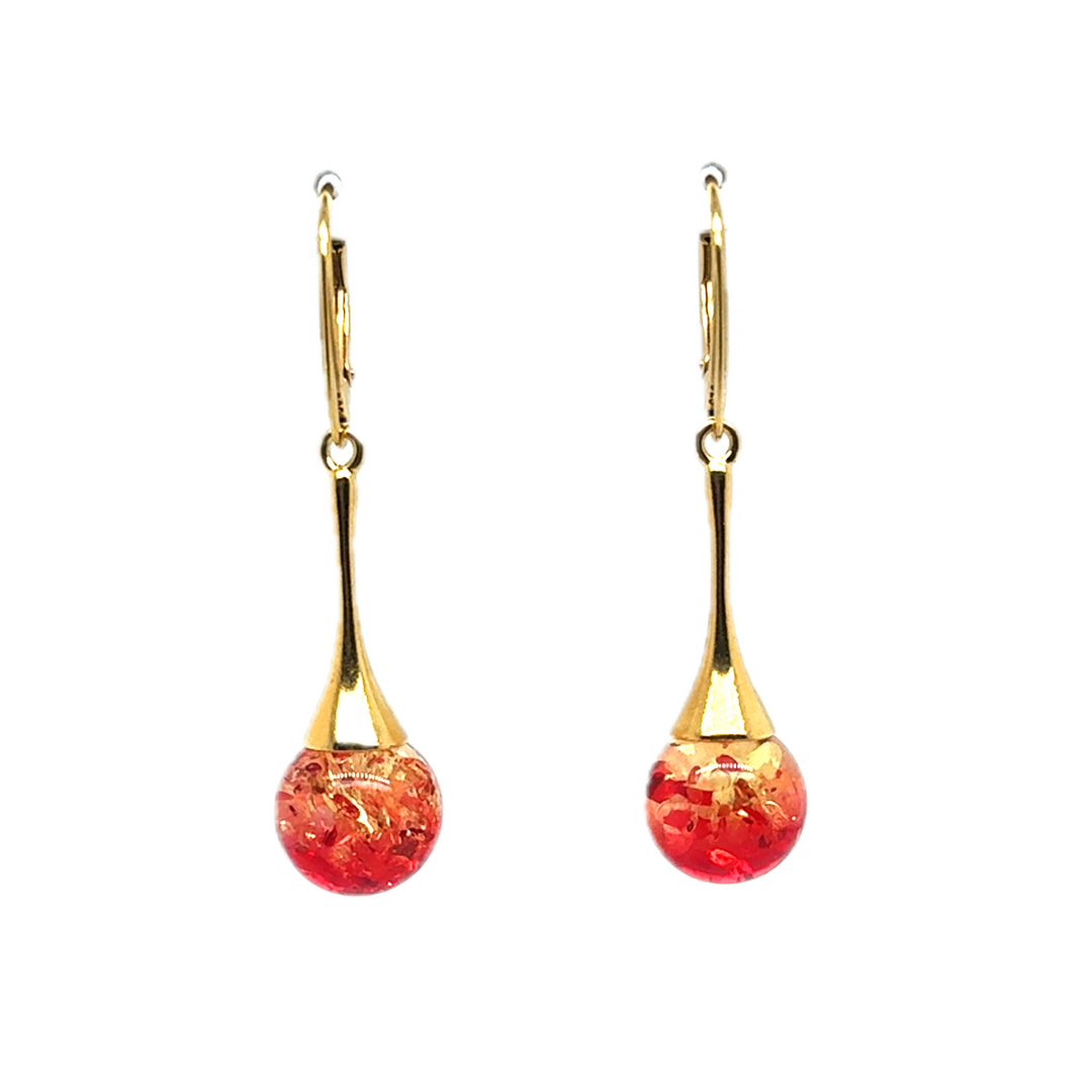 Gold Plated Red Baltic Amber Drop Ball Earrings