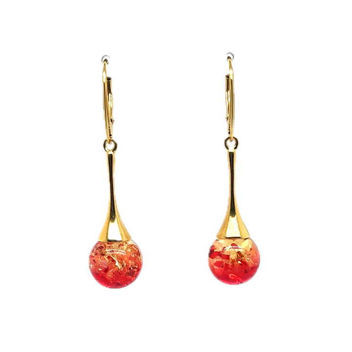 Gold Plated Red Baltic Amber Drop Ball Earrings