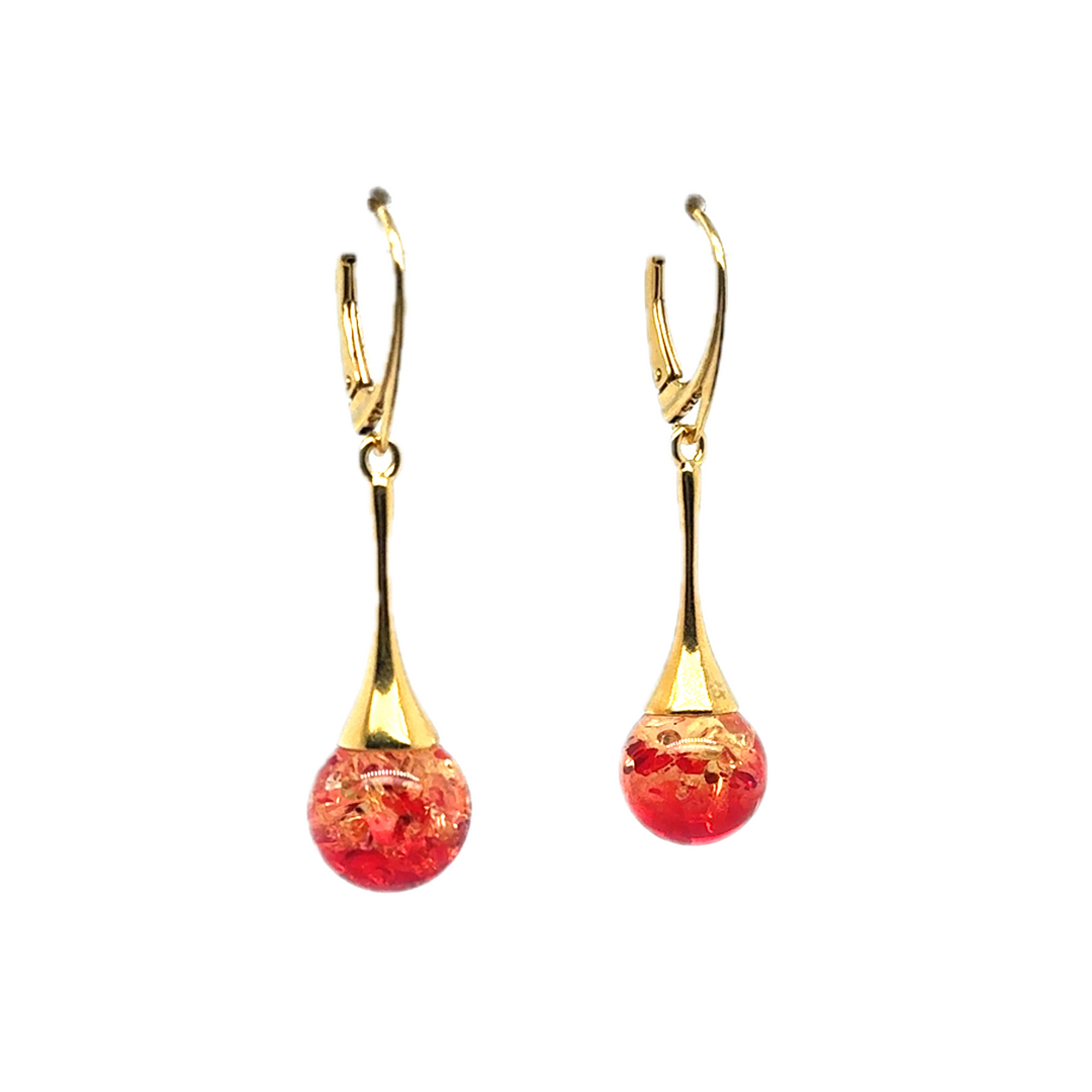 Gold Plated Red Baltic Amber Drop Ball Earrings