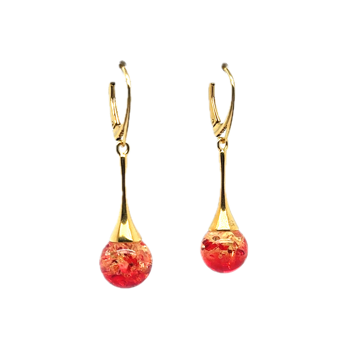 Gold Plated Red Baltic Amber Drop Ball Earrings