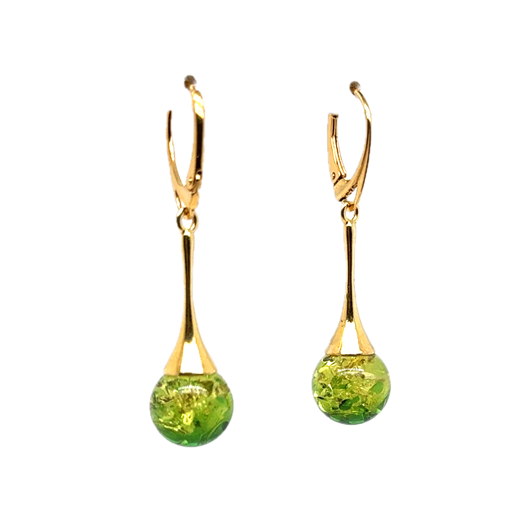 Gold Plated Green Baltic Amber Drop Ball Earrings