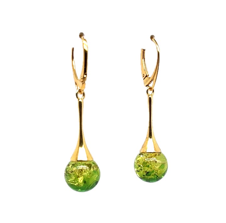 Gold Plated Green Baltic Amber Drop Ball Earrings