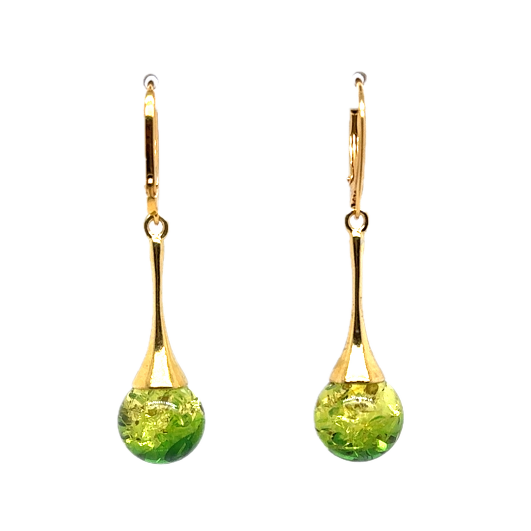 Gold Plated Green Baltic Amber Drop Ball Earrings