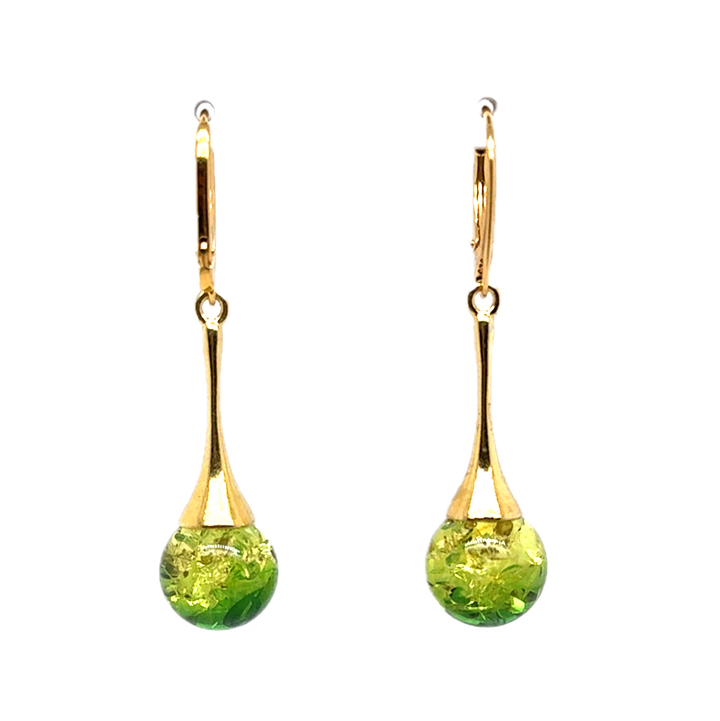 Gold Plated Green Baltic Amber Drop Ball Earrings