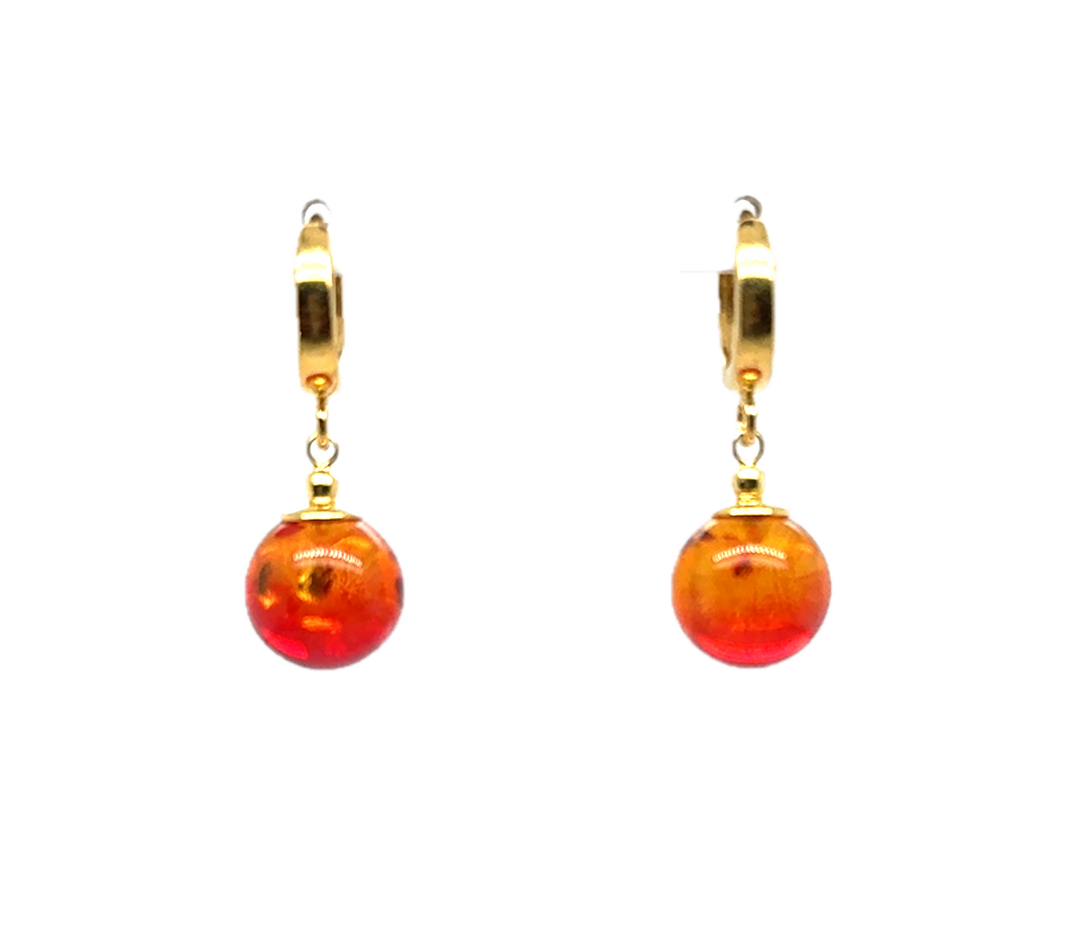 Gold Plated Red Baltic Amber Drop Ball Earrings