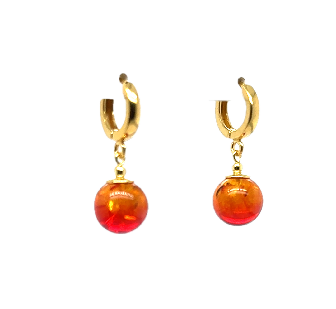 Gold Plated Red Baltic Amber Drop Ball Earrings