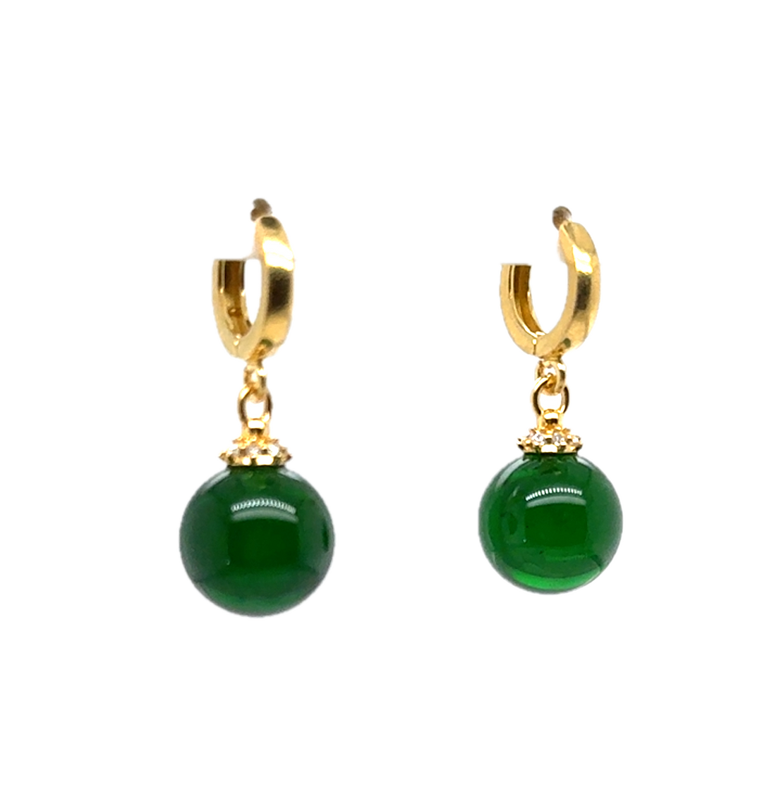 Gold Plated Green Baltic Amber Drop Ball Earrings