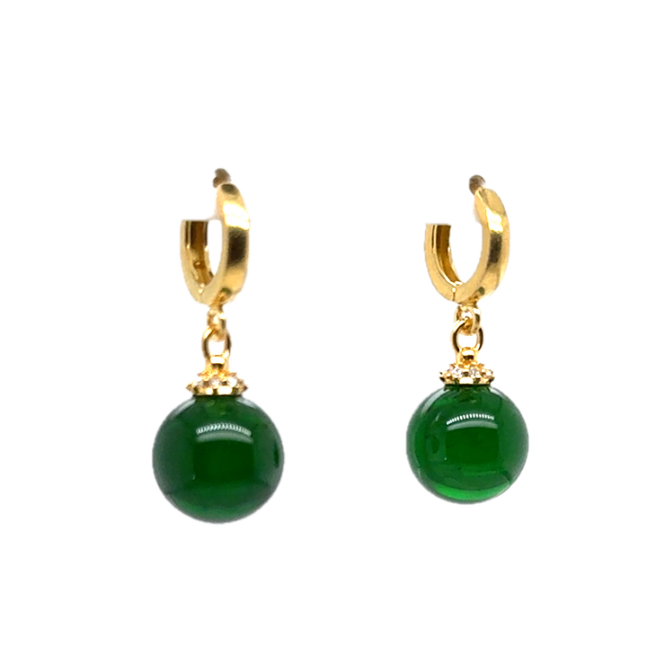 Gold Plated Green Baltic Amber Drop Ball Earrings