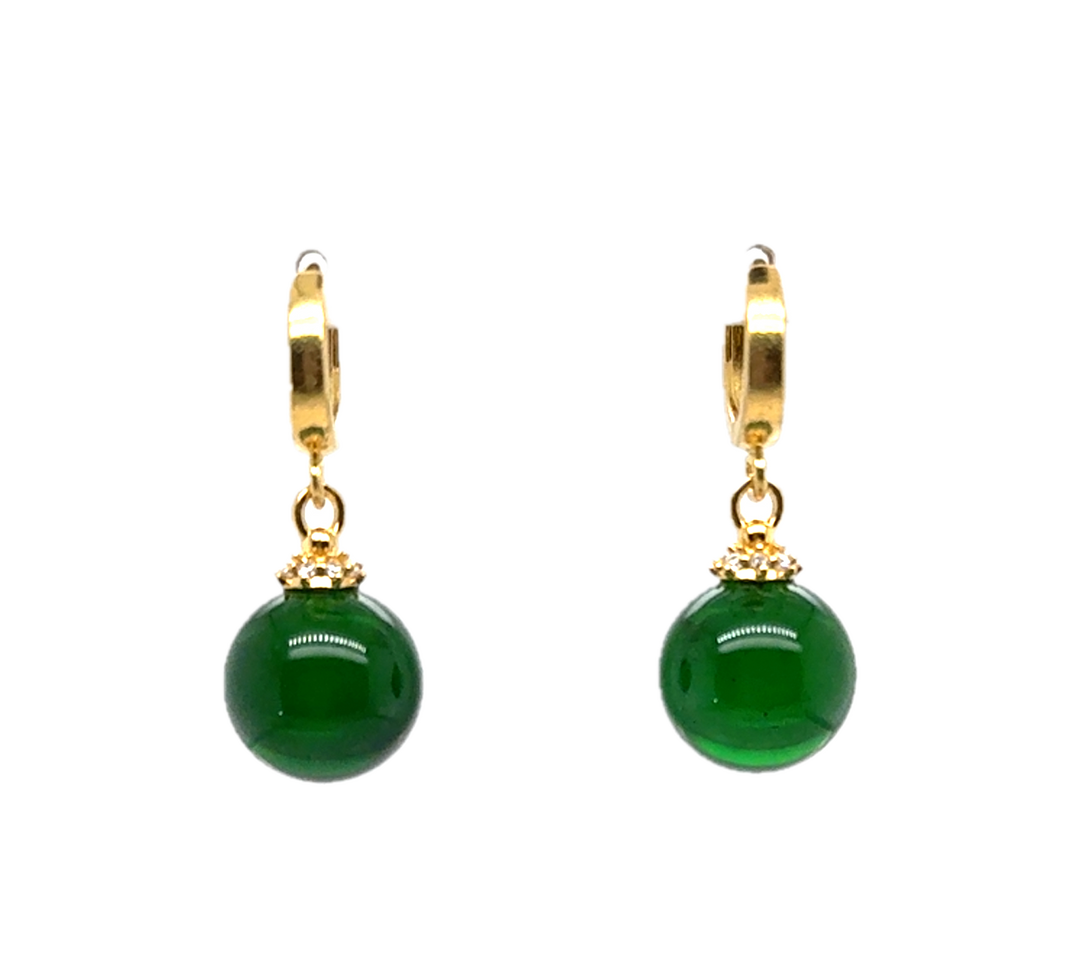 Gold Plated Green Baltic Amber Drop Ball Earrings