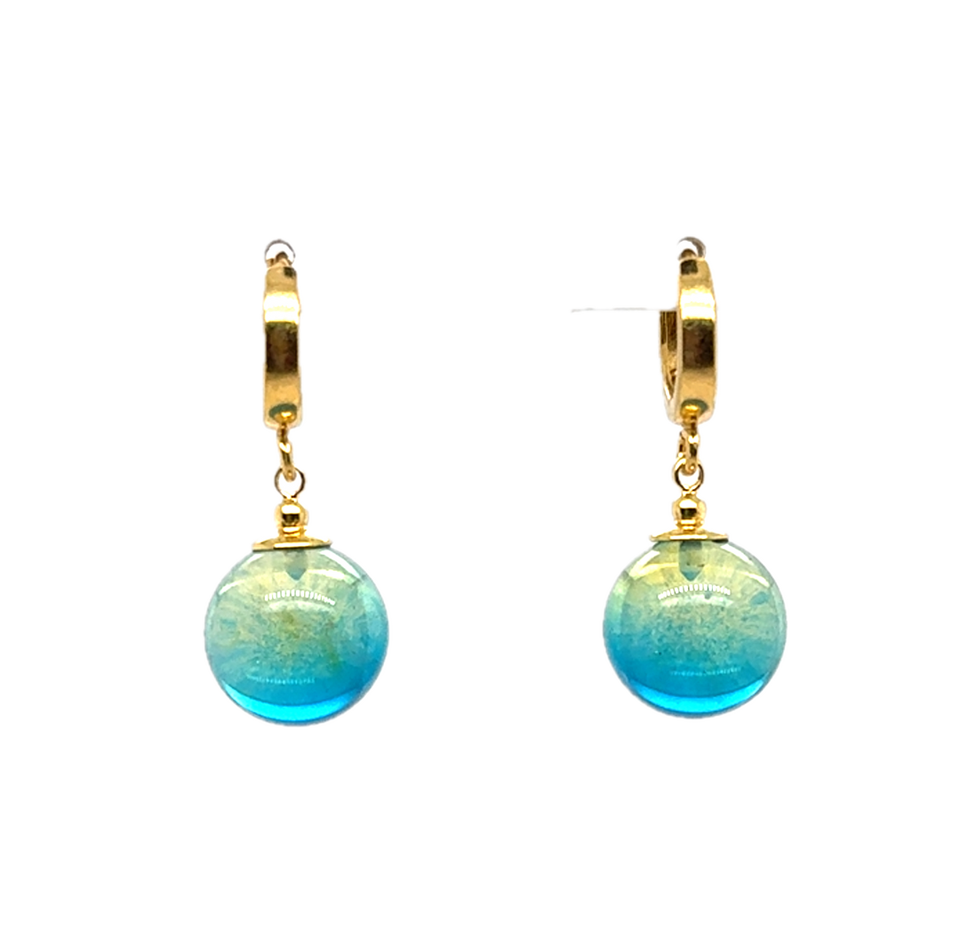 Gold Plated Blue Green Baltic Amber Drop Ball Earrings
