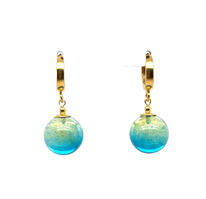 Gold Plated Blue Green Baltic Amber Drop Ball Earrings