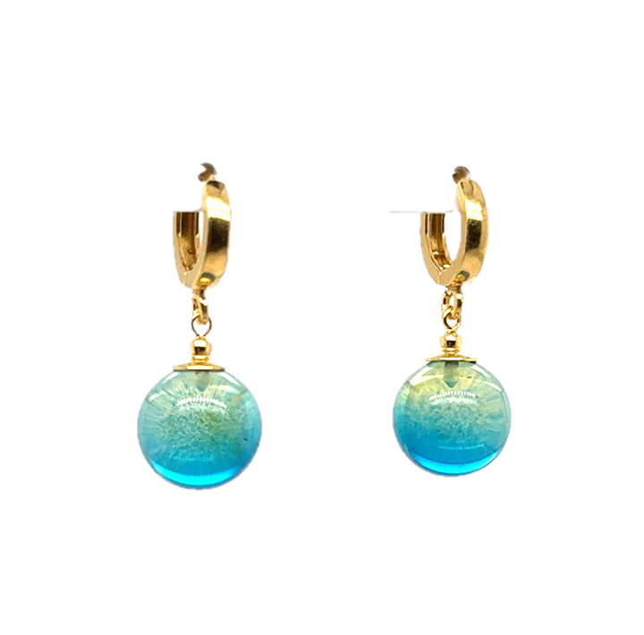 Gold Plated Blue Green Baltic Amber Drop Ball Earrings