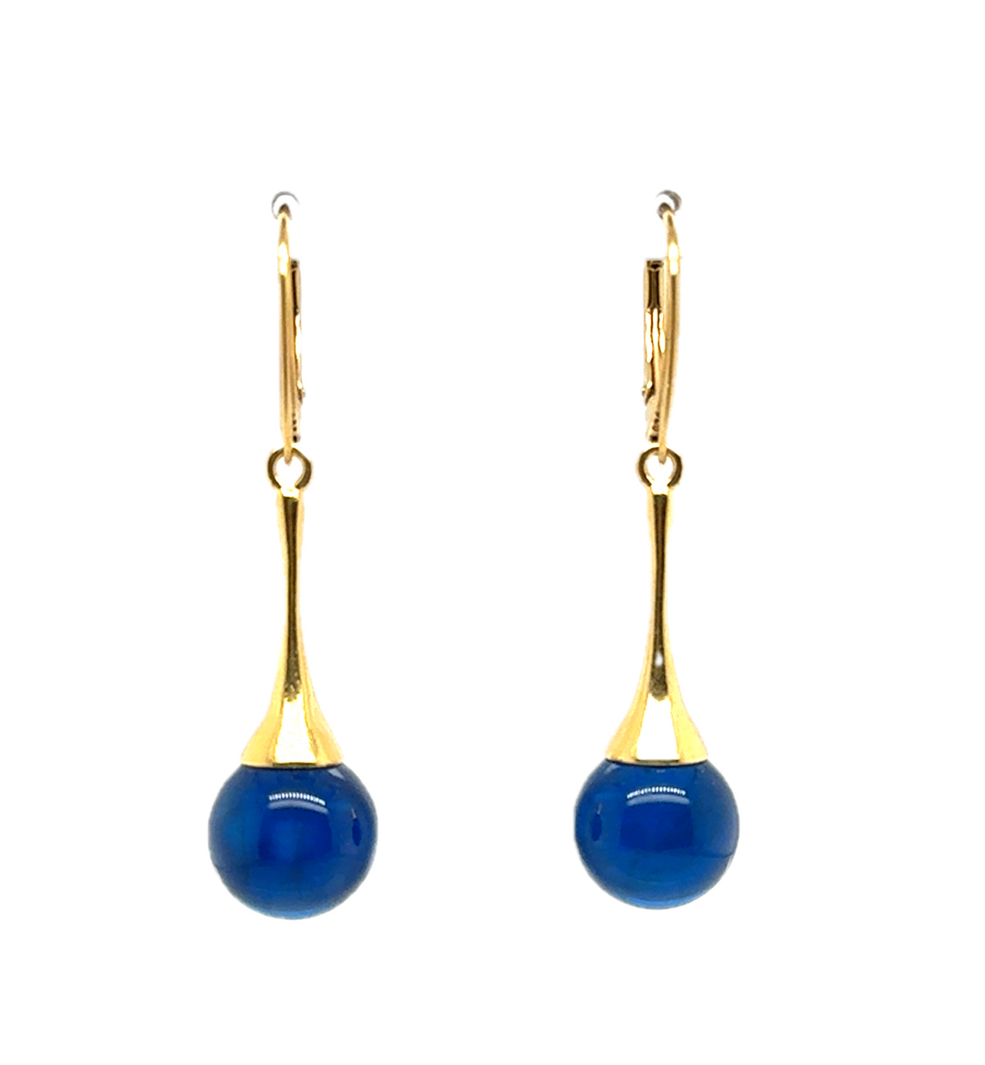 Gold Plated Blue Baltic Amber Drop Ball Earrings
