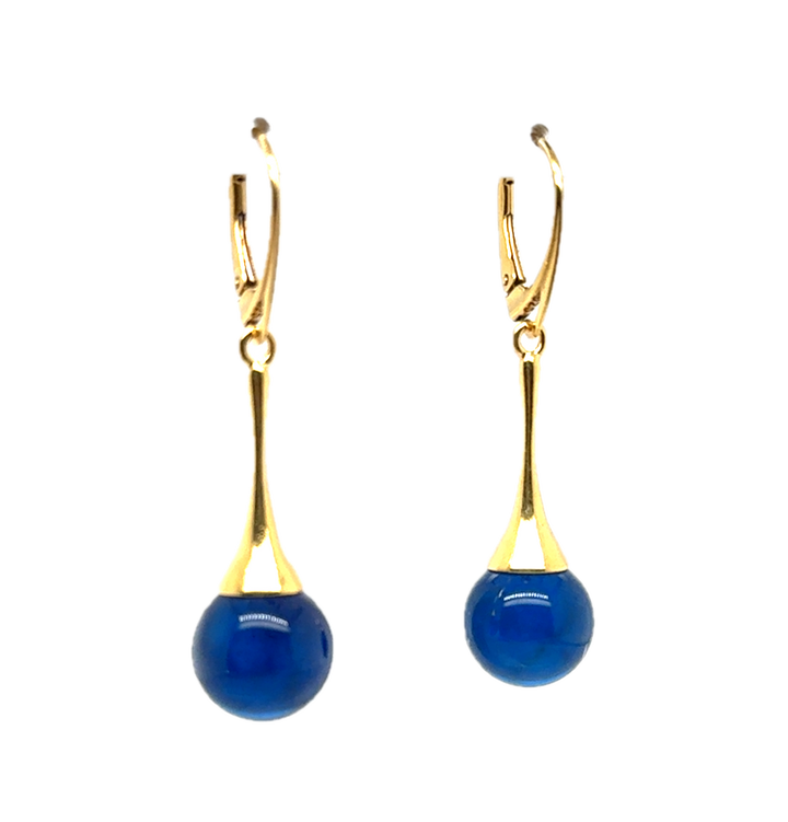 Gold Plated Blue Baltic Amber Drop Ball Earrings