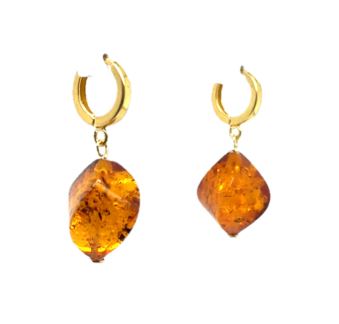 Gold Plated Baltic Amber Drop Twisted Earrings