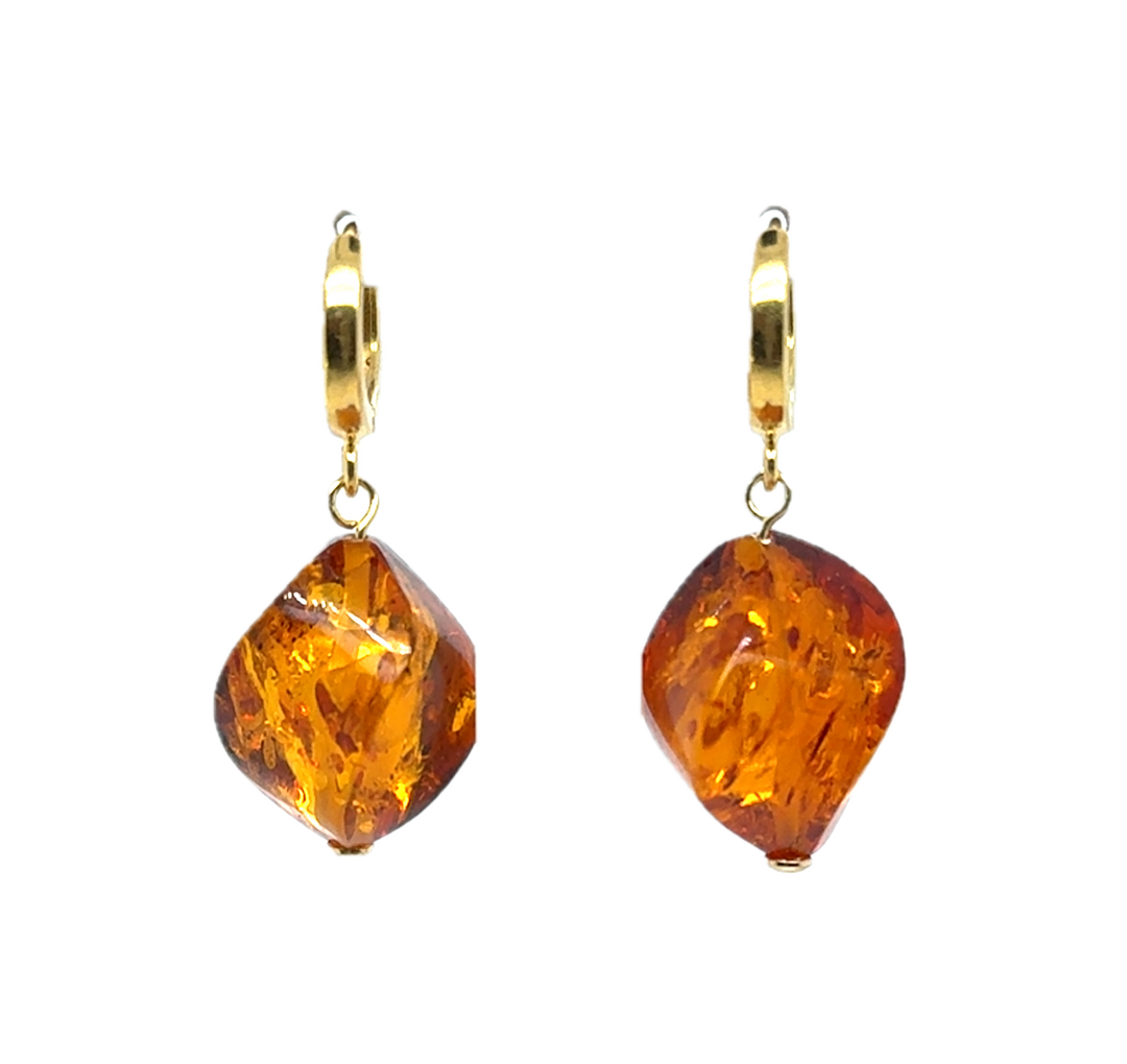 Gold Plated Baltic Amber Drop Twisted Earrings