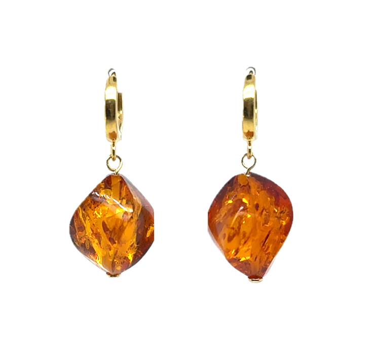 Gold Plated Baltic Amber Drop Twisted Earrings
