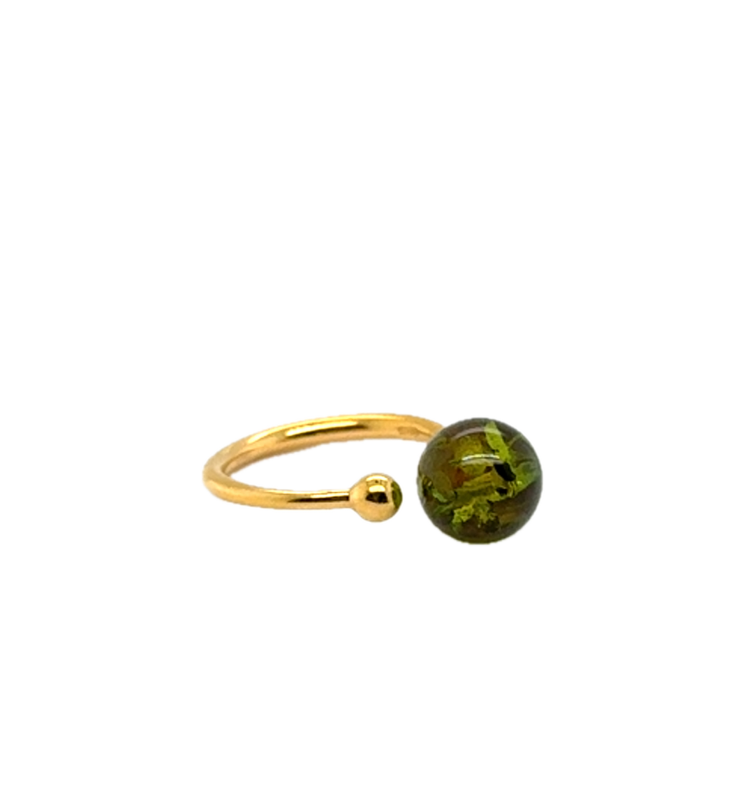 Gold Plated Green Baltic Amber Adjustable Ring