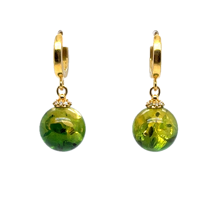 Gold Plated Green Baltic Amber Drop Ball Earrings