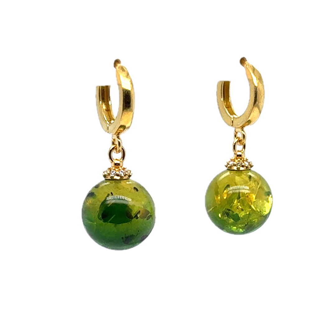 Gold Plated Green Baltic Amber Drop Ball Earrings
