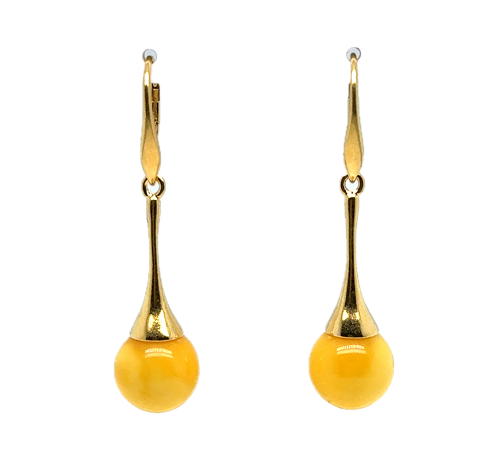 Gold Plated Yellow Baltic Amber Drop Ball Earrings