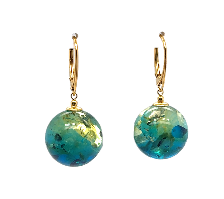 Gold Plated Large Green Baltic Amber Drop Ball Earrings
