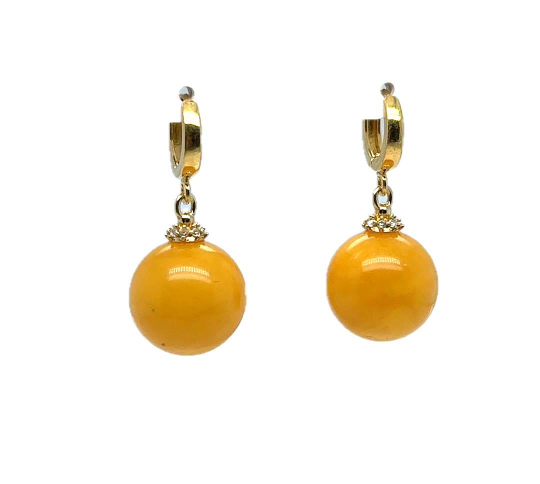 Gold Plated Yellow Baltic Amber Drop Ball Earrings