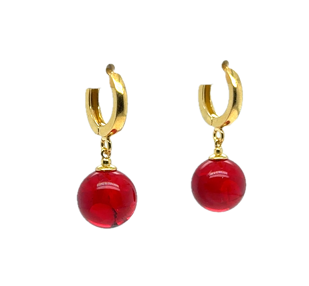 Gold Plated Red Baltic Amber Drop Ball Earrings