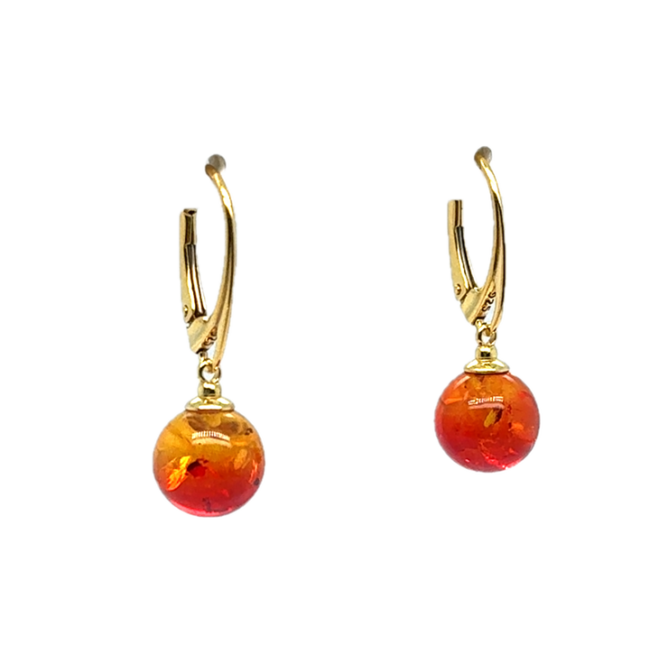 Gold Plated Red Baltic Amber Drop Ball Earrings