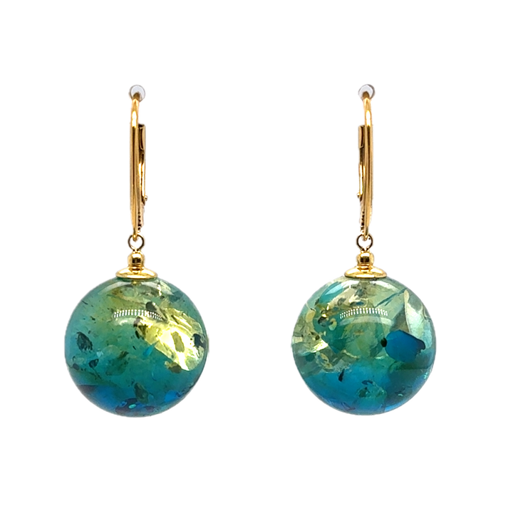Gold Plated Large Green Baltic Amber Drop Ball Earrings