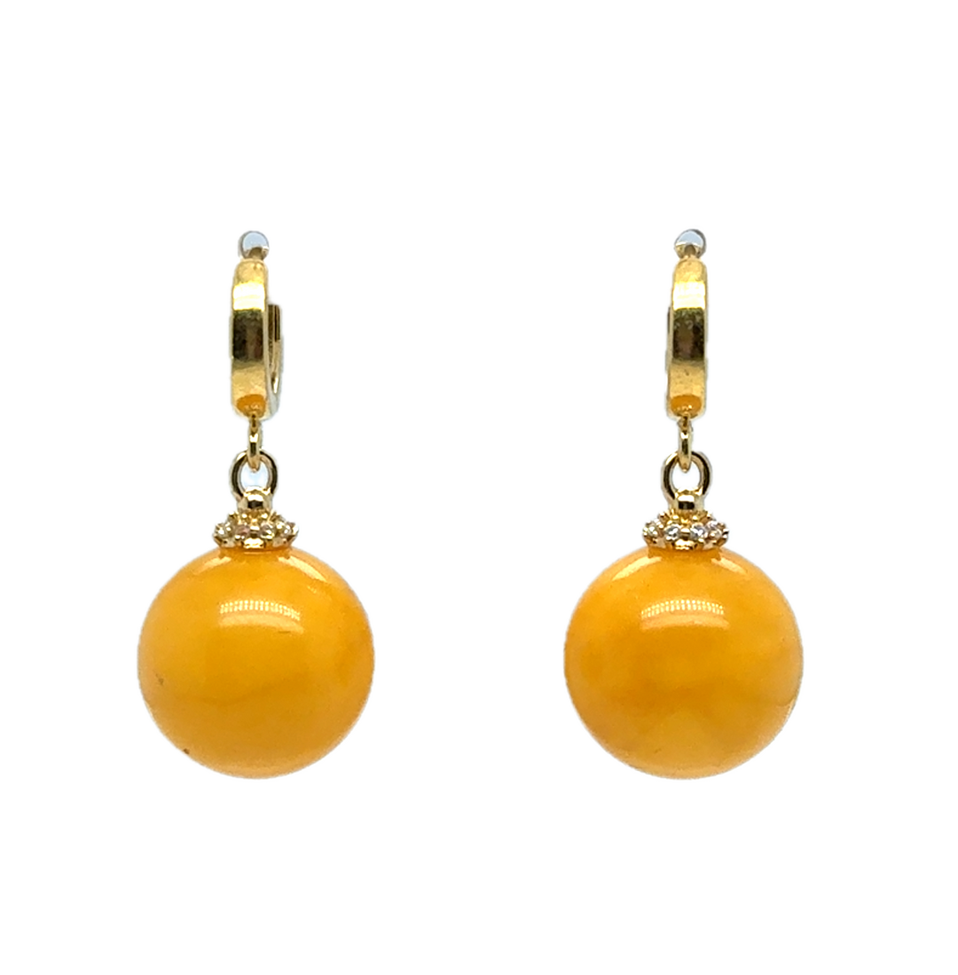 Gold Plated Yellow Baltic Amber Drop Ball Earrings
