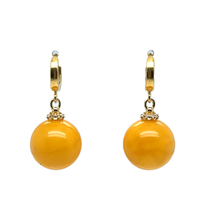 Gold Plated Yellow Baltic Amber Drop Ball Earrings