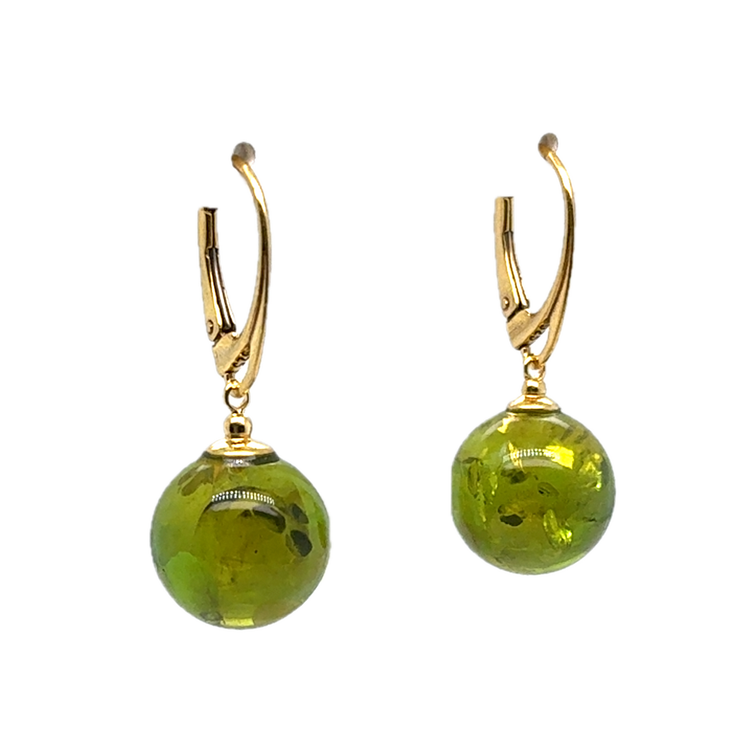 Gold Plated Green Baltic Amber Drop Ball Earrings