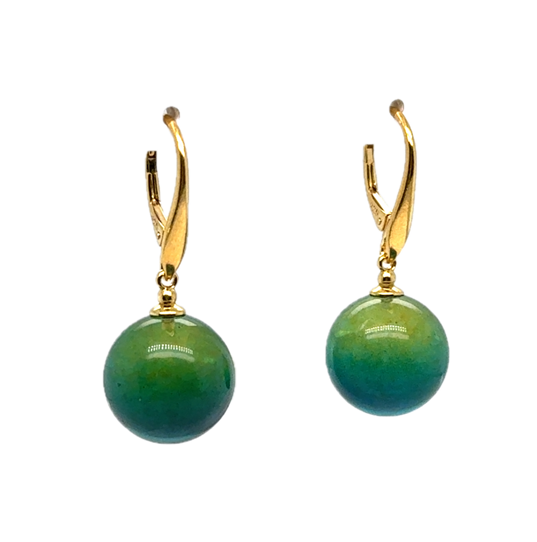 Gold Plated Green Baltic Amber Drop Ball Earrings