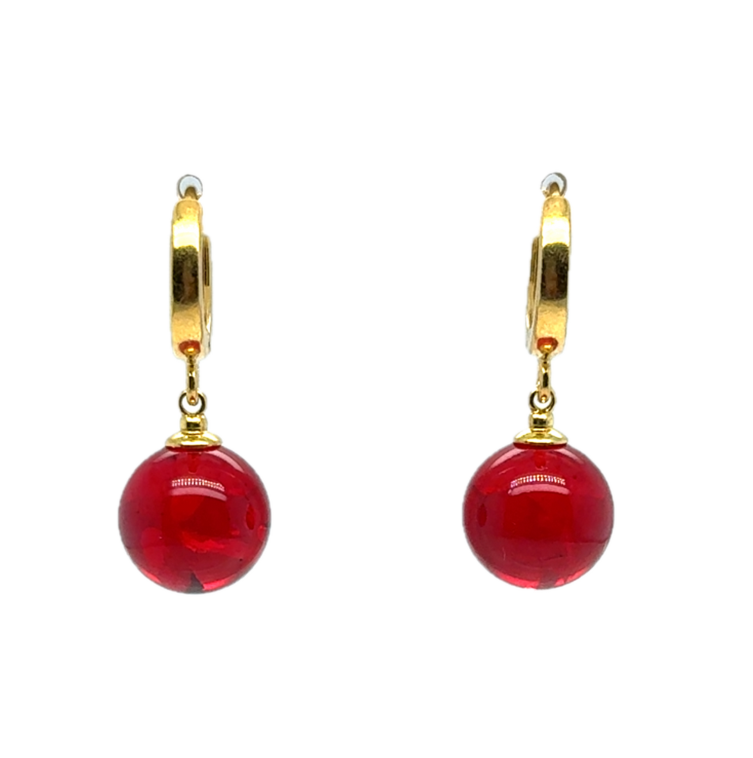 Gold Plated Red Baltic Amber Drop Ball Earrings
