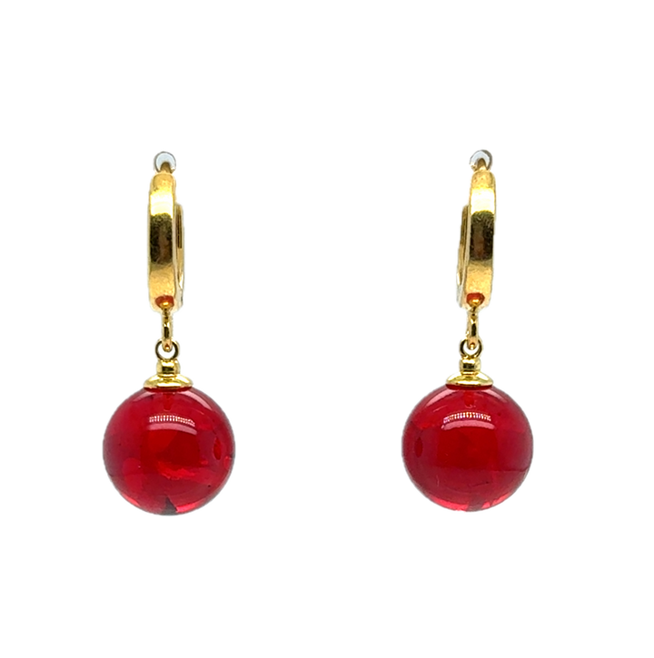 Gold Plated Red Baltic Amber Drop Ball Earrings