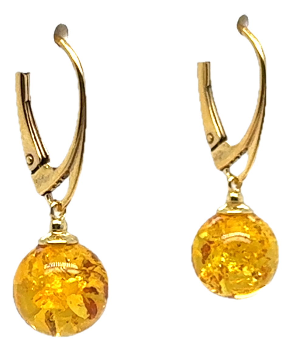Gold Plated Baltic Amber Drop Ball Earrings