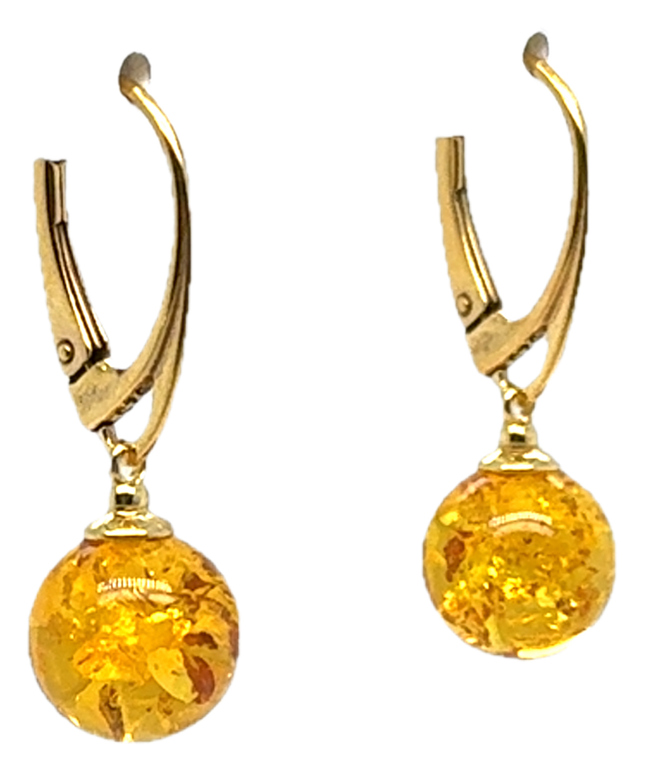 Gold Plated Baltic Amber Drop Ball Earrings