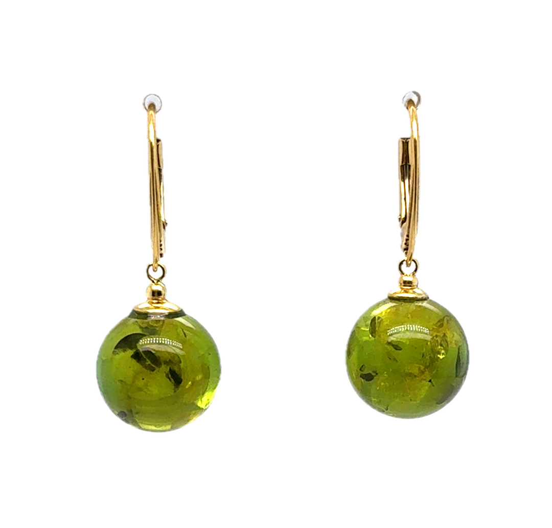 Gold Plated Green Baltic Amber Drop Ball Earrings