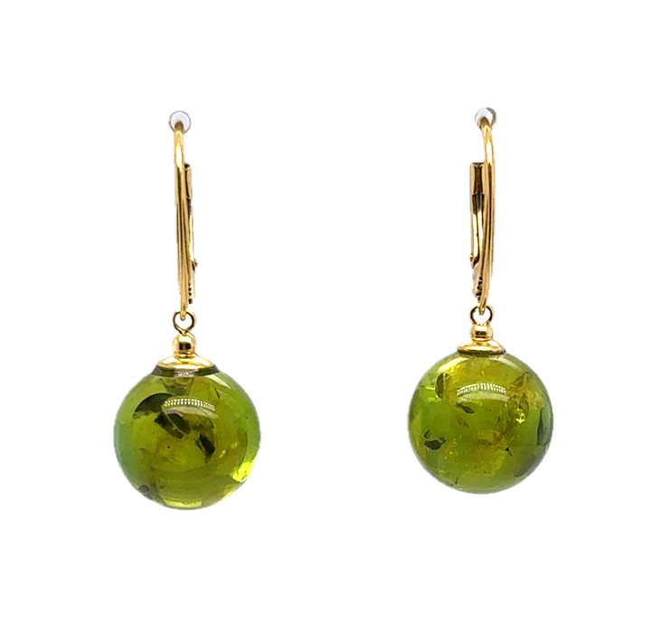 Gold Plated Green Baltic Amber Drop Ball Earrings