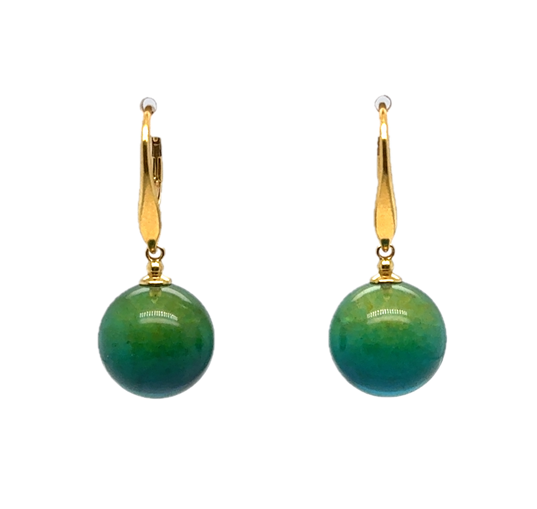 Gold Plated Green Baltic Amber Drop Ball Earrings