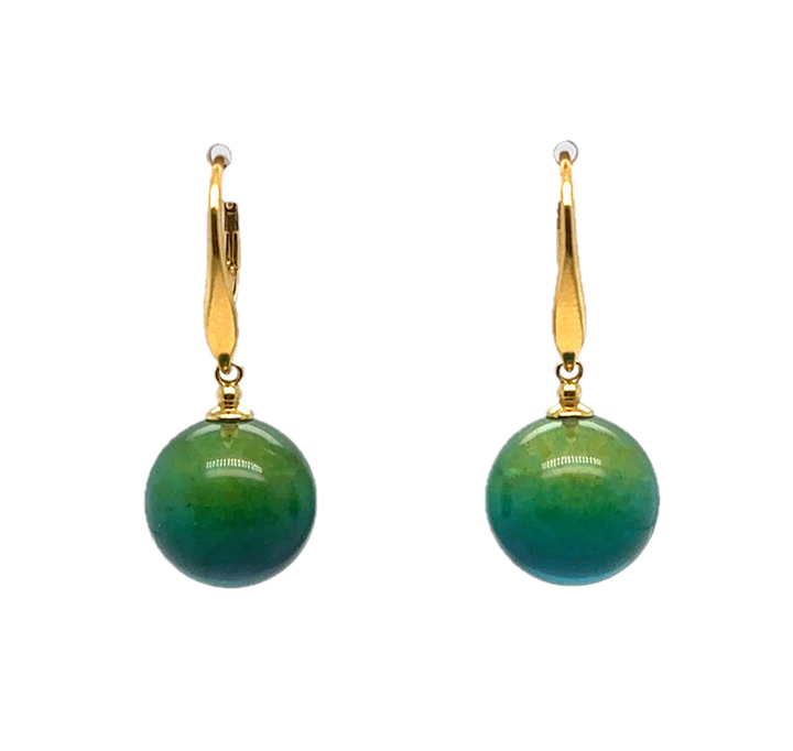 Gold Plated Green Baltic Amber Drop Ball Earrings
