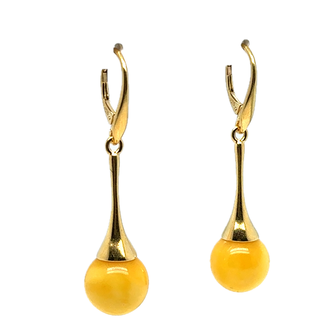 Gold Plated Yellow Baltic Amber Drop Ball Earrings