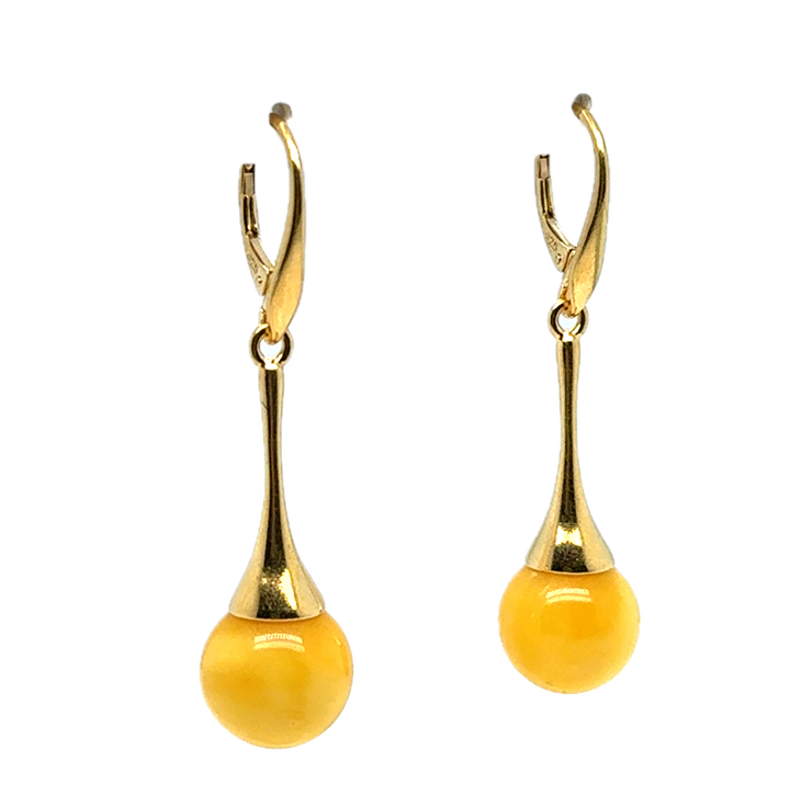 Gold Plated Yellow Baltic Amber Drop Ball Earrings