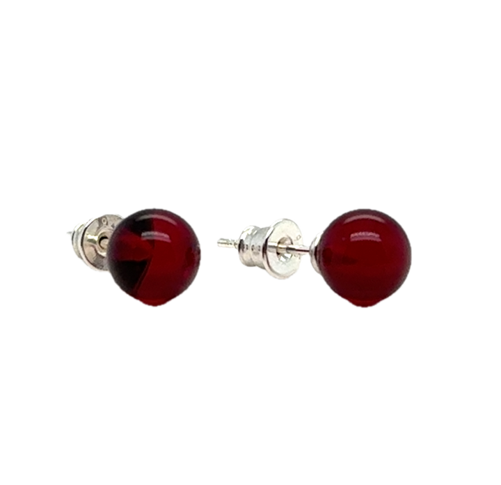 Sterling Silver Baltic Amber Red Ball Stud Earrings