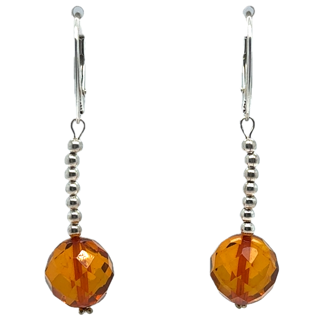 Sterling Silver Baltic Amber Drop Faceted Ball Earrings