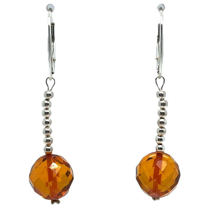 Sterling Silver Baltic Amber Drop Faceted Ball Earrings