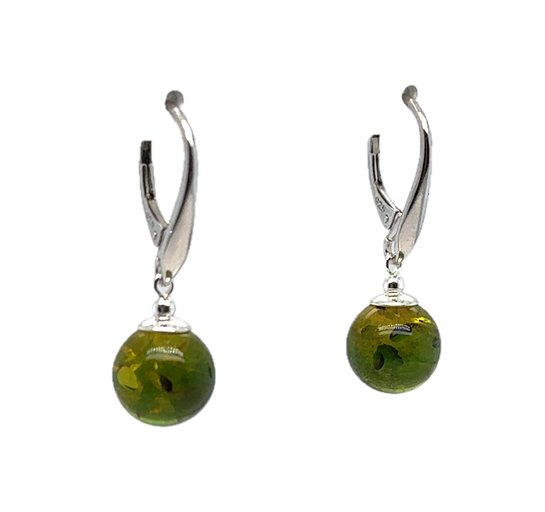 Sterling Silver Baltic Amber Green Drop Ball Earrings